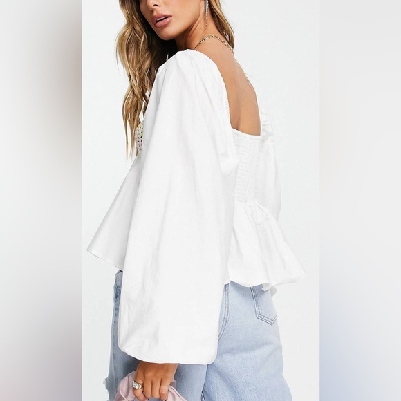 NWOT ASOS DESIGN v neck crochet top with frill sleeve and peplum hem size US 6 - Picture 4 of 10